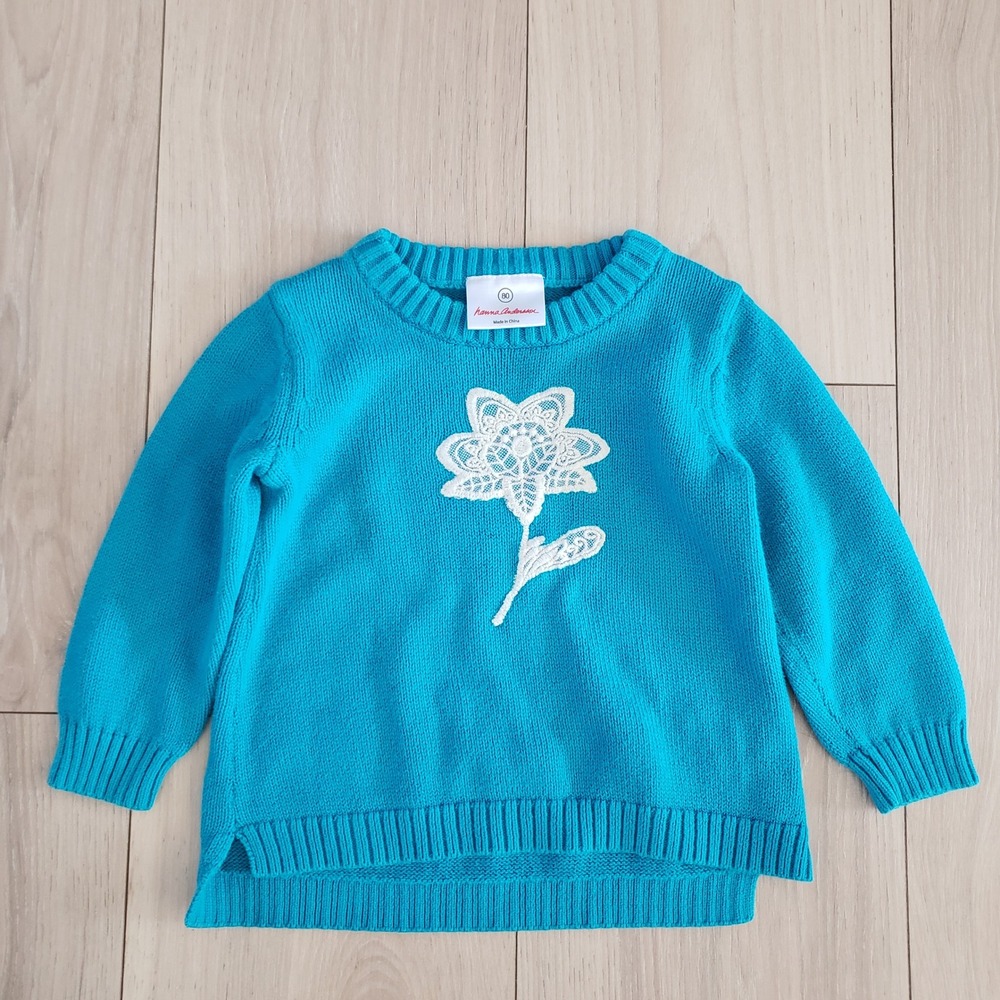 Hanna Andersson Tulle Trim Sweater Girls 80 Folktale Teal Embroidered Baby Top